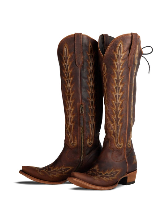 Snip-Toe Embroidery Half-Zip Back Lace-Up Knee High Cowgirl Boots - Cognac