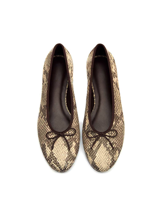 Snakeskin Round-Toe Slip-On Front Classic Bow Ballet Flats
