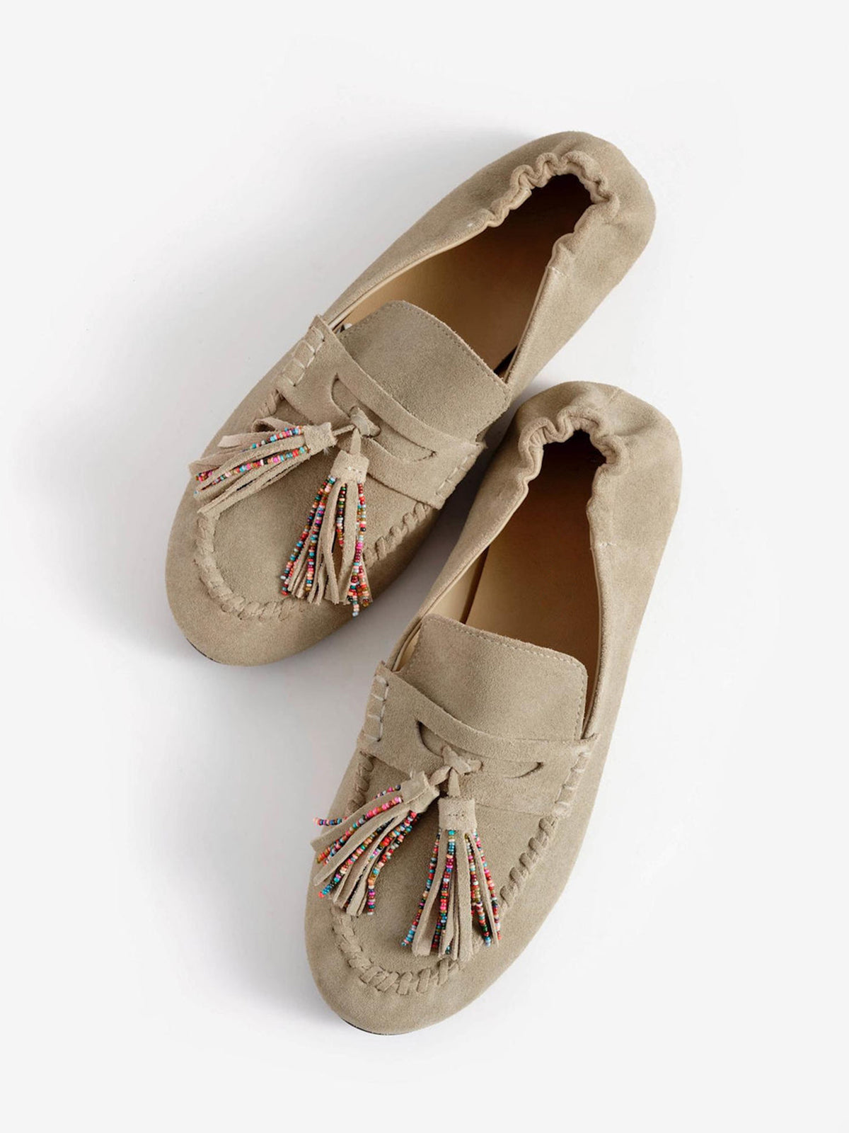 Taupe Cow Suede Round-Toe Front Fringe Chic Loafers Slip-On Flats