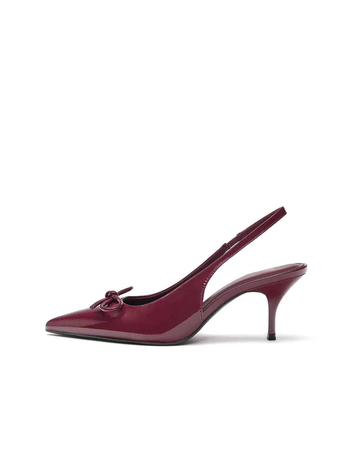 Patent Burgundy Pointed-Toe Front Bow Slingback Kitten Heels