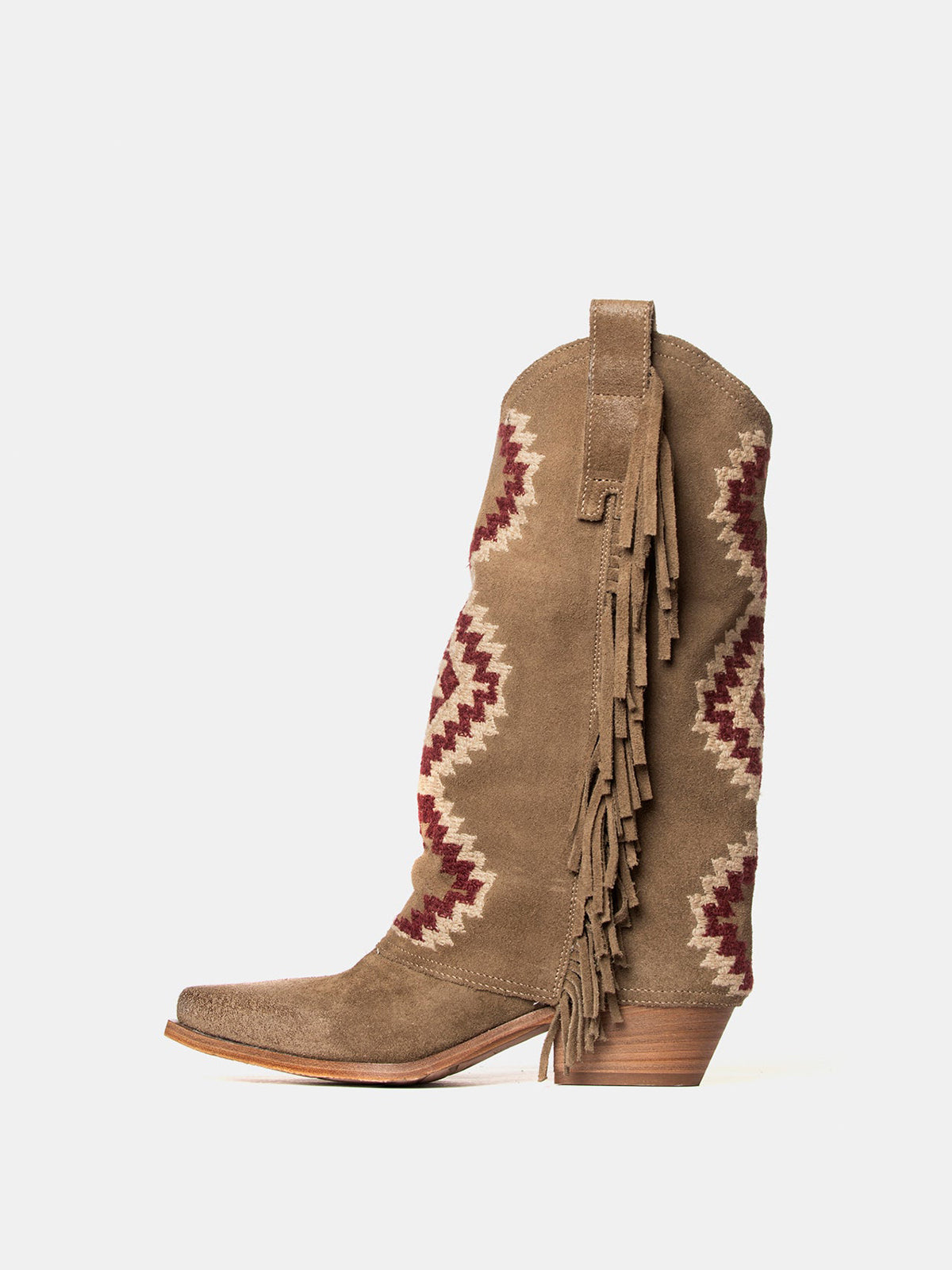 Side Fringe Snip-Toe Embroidery Fold-Over Mid Calf Cowgirl Boots - Tan Faux Suede