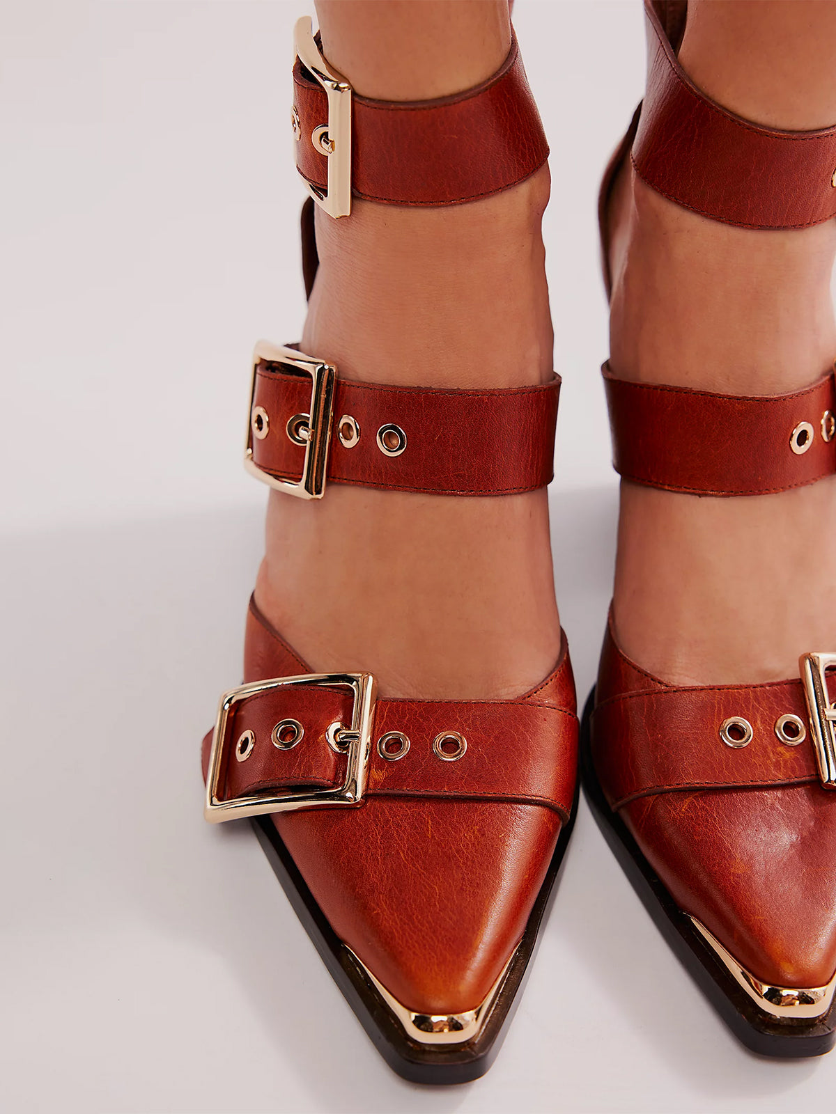 Pointed-Toe Three Buckled Straps Back Zip Chunky High Heels - Tan