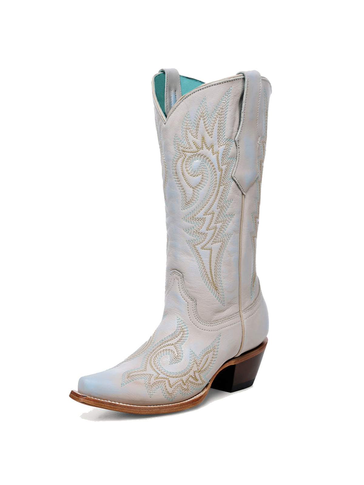 Offwhite Snip-Toe Flame Embroidery Mid Calf Classic Cowgirl Boots
