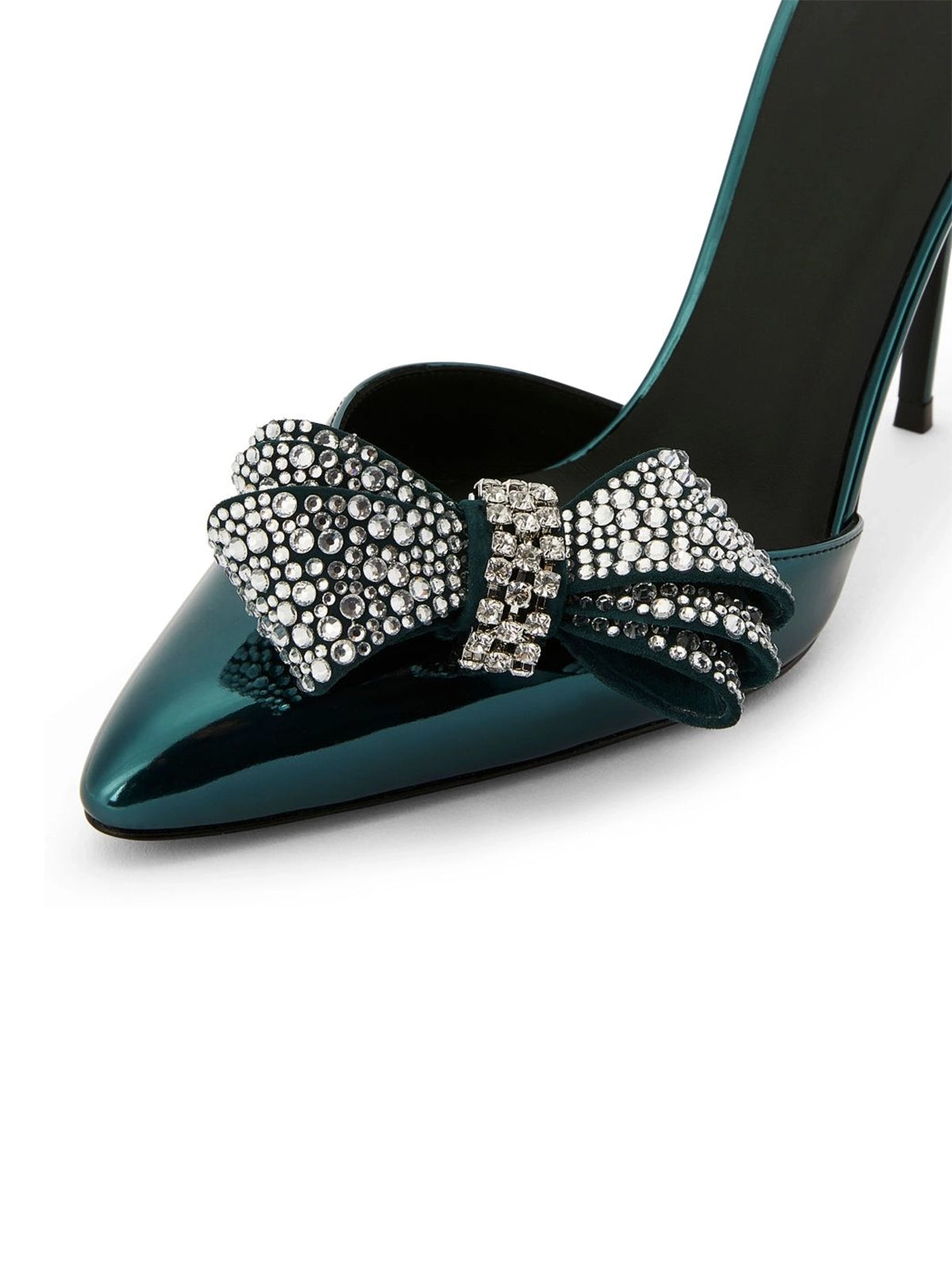Patent Green Pointed-Toe Front Rhinestones Bow Ankle Strap High Heels