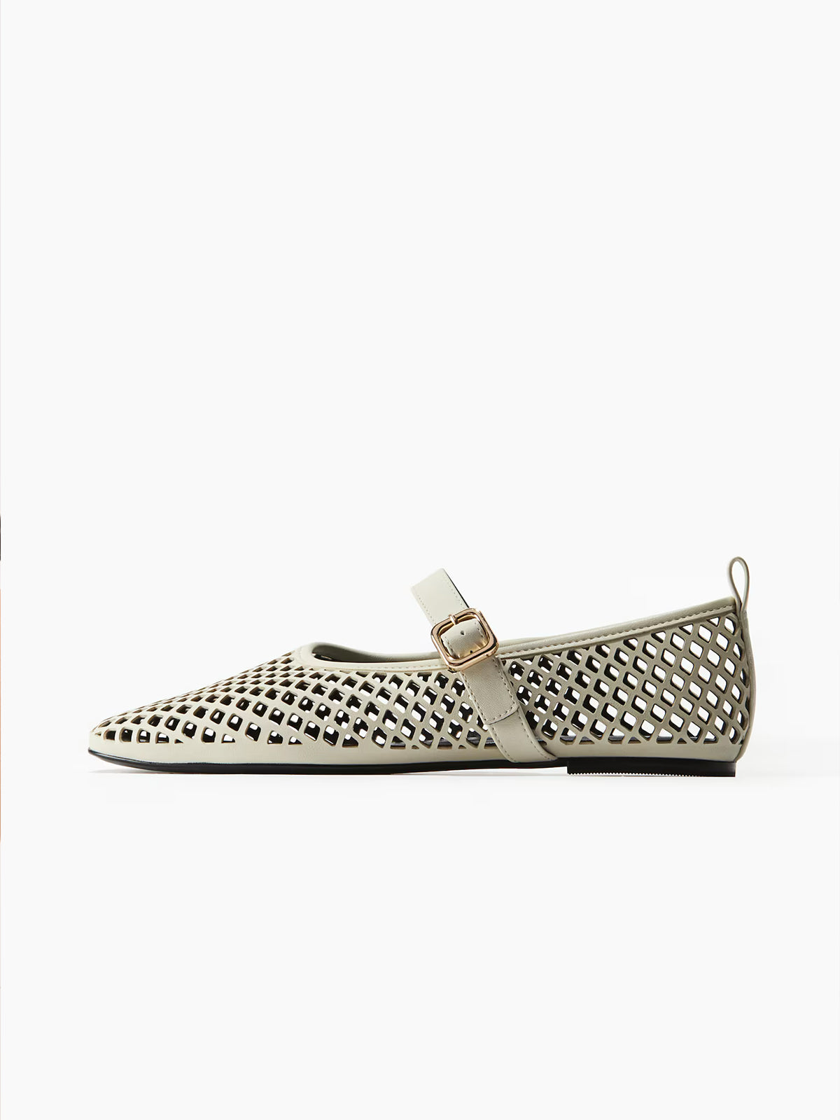 Perforated Square-Toe Bridge Strap Mary Jane Ballet Flats - Beige Patent