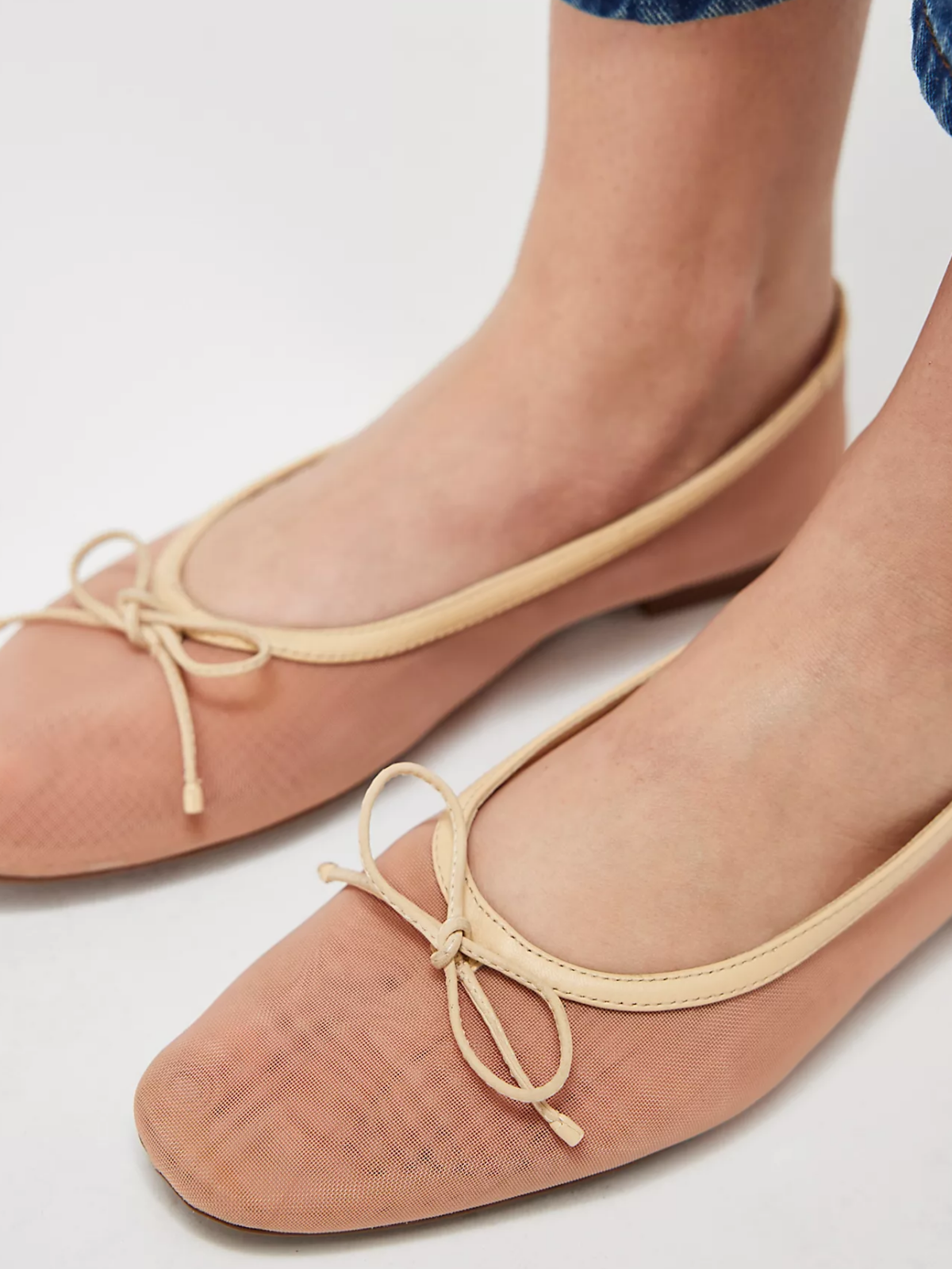 Beige Square-Toe Mesh Bow Ballet Flats