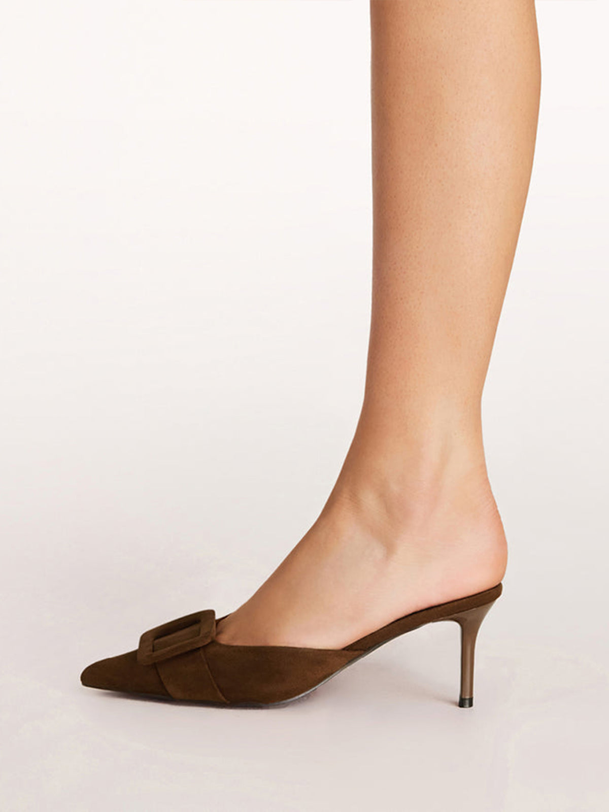 Dark Brown Faux Suede Pointed-Toe Simple Slip-On Kitten Heels