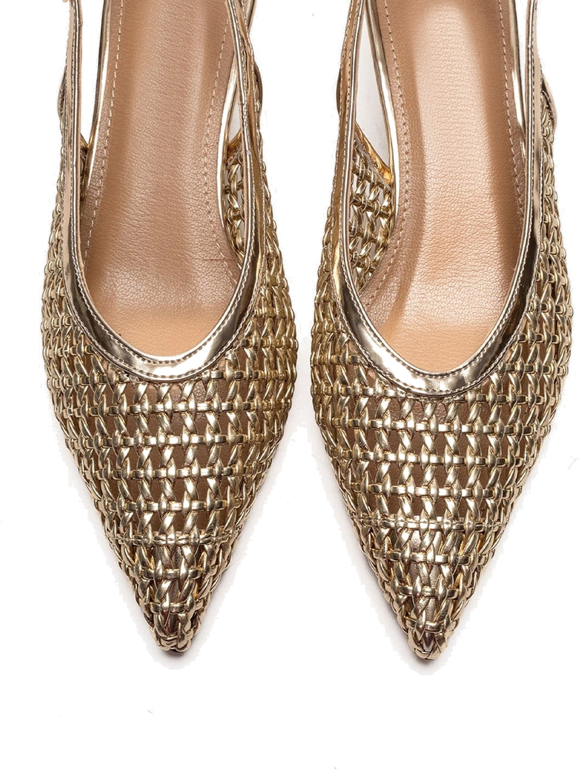 Metallic Gold Woven Vegan Leather Pointed-Toe Classic Back Strap Pumps Kitten Heels