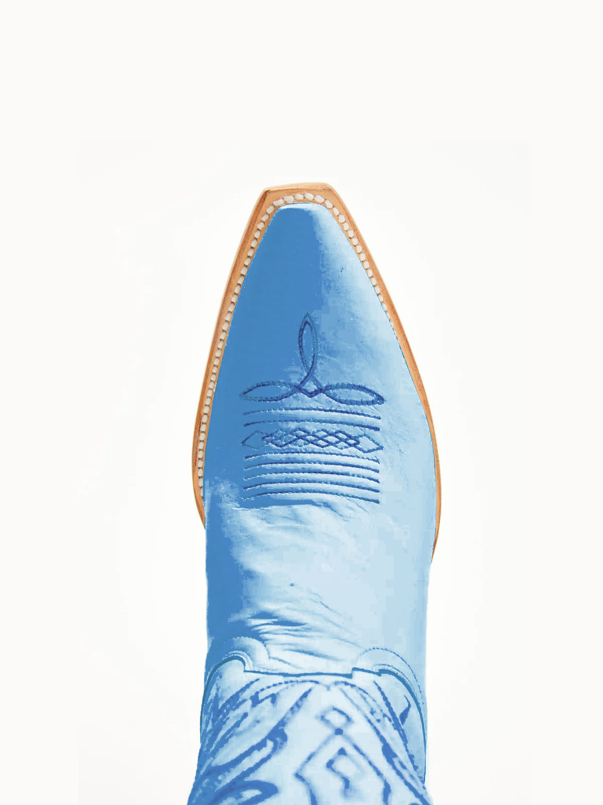 Сини каубойски ботуши с бродерия от птици и къси пръсти до средата на прасеца