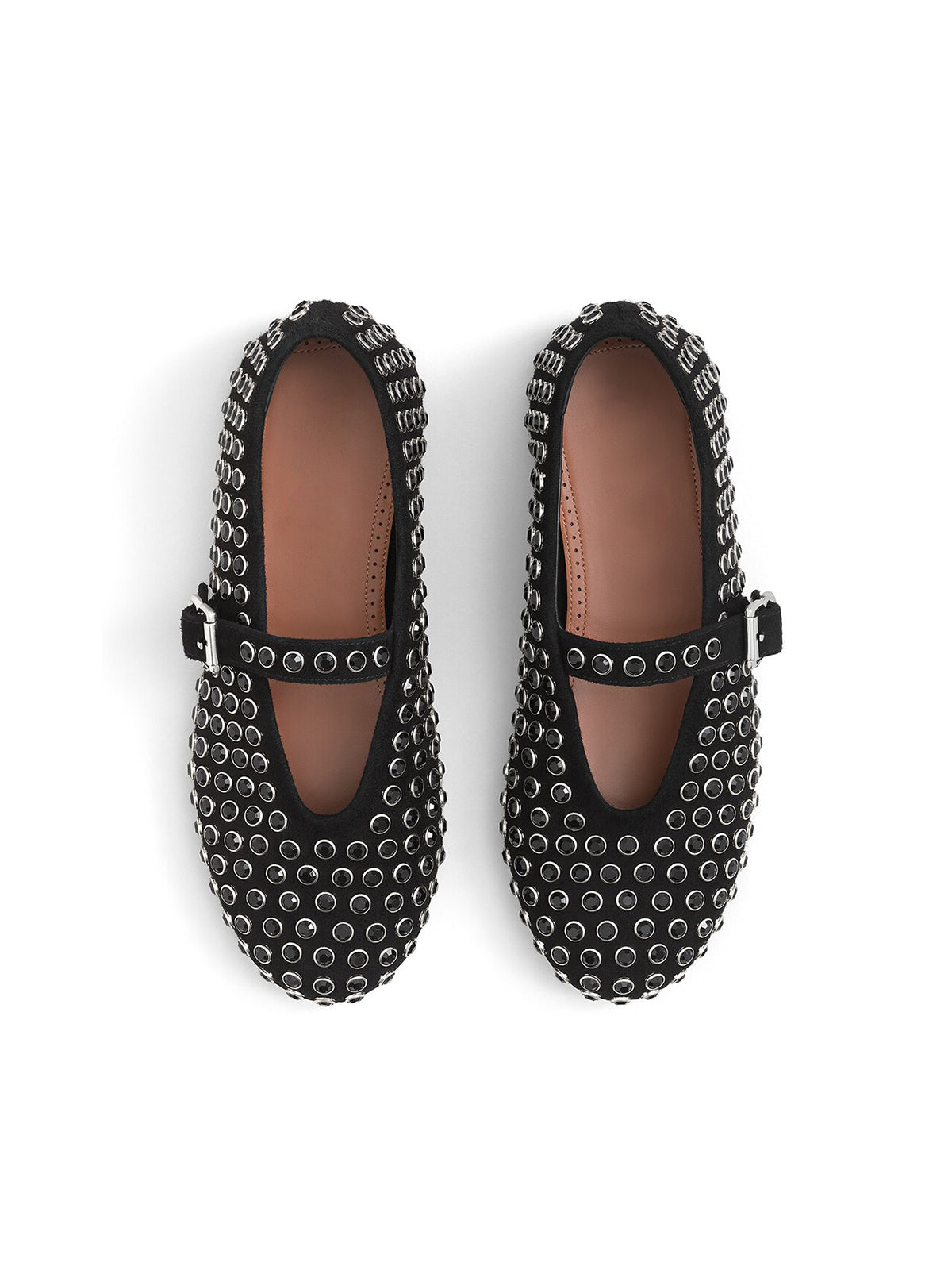 Black Faux Suede Round-Toe Mary Jane Ballet Flats With Rhinestone