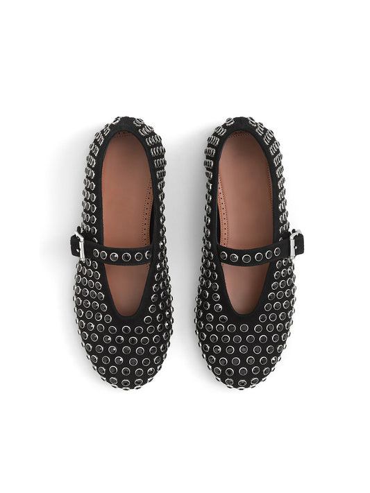 Black Faux Suede Round-Toe Mary Jane Ballet Flats With Rhinestone