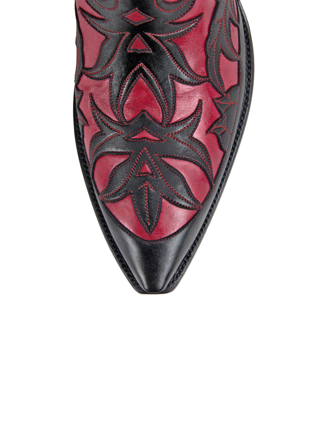 Contrast Red And Black Snip-Toe Decorative Inlay Mid Calf Cowgirl Boots