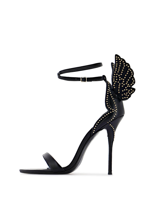 Black Pointed-Toe Gold Studded Back 3D-Wing Double Ankle Strap High Heels