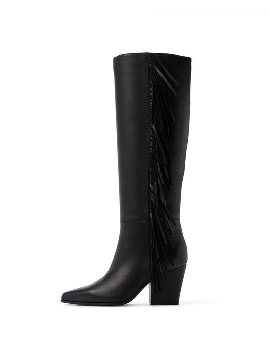 Black Snip-Toe Side Fringe Half-Zip Simple Knee High Cowgirl Boots