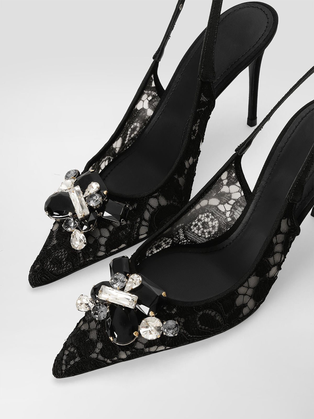Black Lace Mesh Pointed-Toe Front Crystals Slingback High Heels Pumps