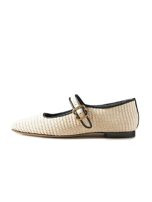 Ivory Square-Toe Woven Bridge Strap Mary Jane Flats