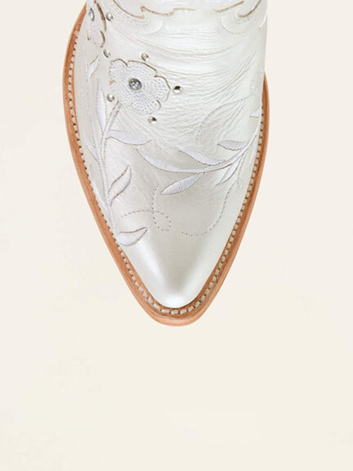 Ivory Almond-Toe Flower Applique With Studs Mid Calf Embroidery Cowgirl Boots