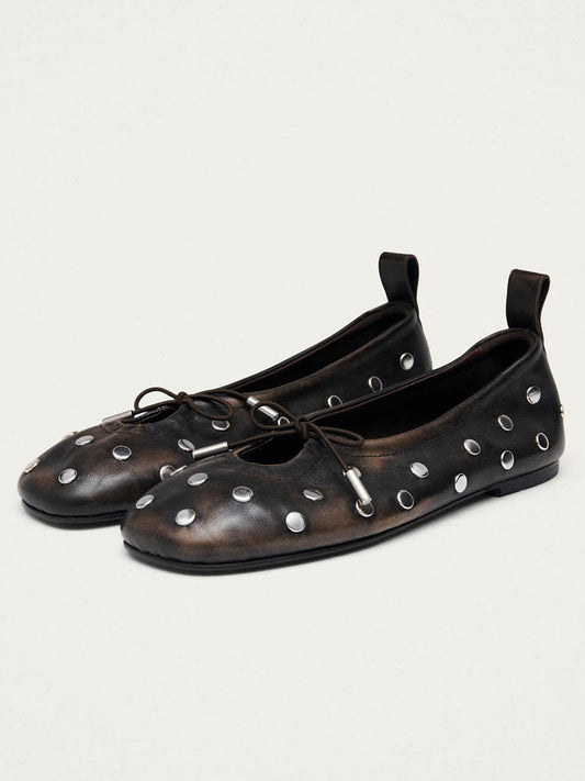 Brown Square-Toe Full Studs And Front Bow Chic Ballet Flats