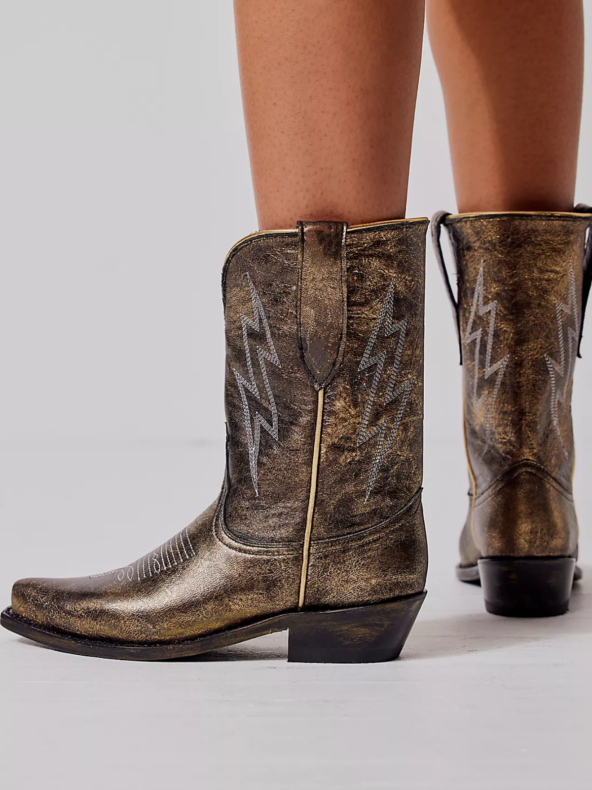 Metallic Distressed Bronze Lightning Embroidery Snip-Toe Wide Mid Calf Cowgirl Boots