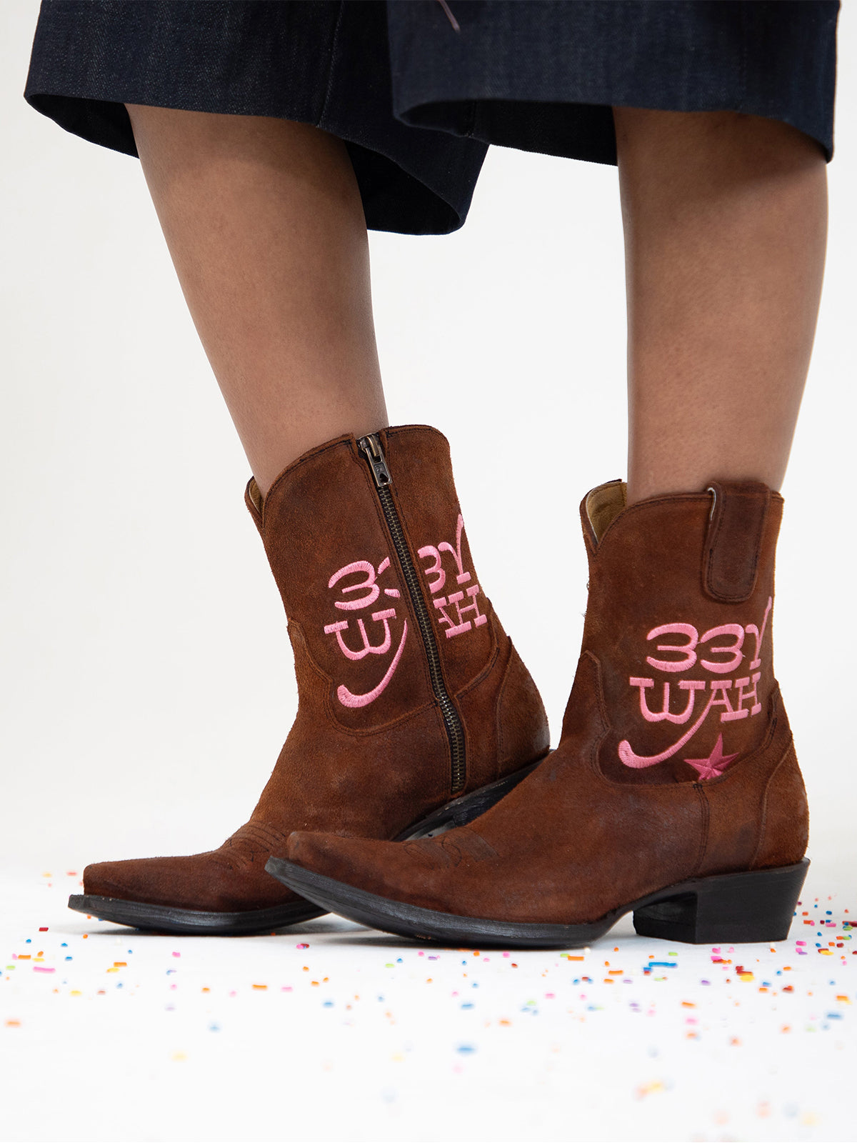 Brown Faux Suede Snip-Toe "YEE HAW" Embroidery Full-Zip Ankle Cowgirl Boots