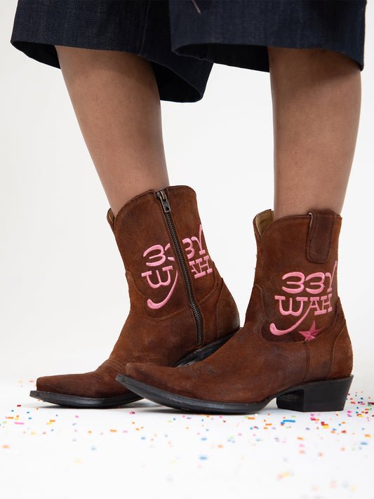 Brown Faux Suede Snip-Toe "YEE HAW" Embroidery Full-Zip Ankle Cowgirl Boots