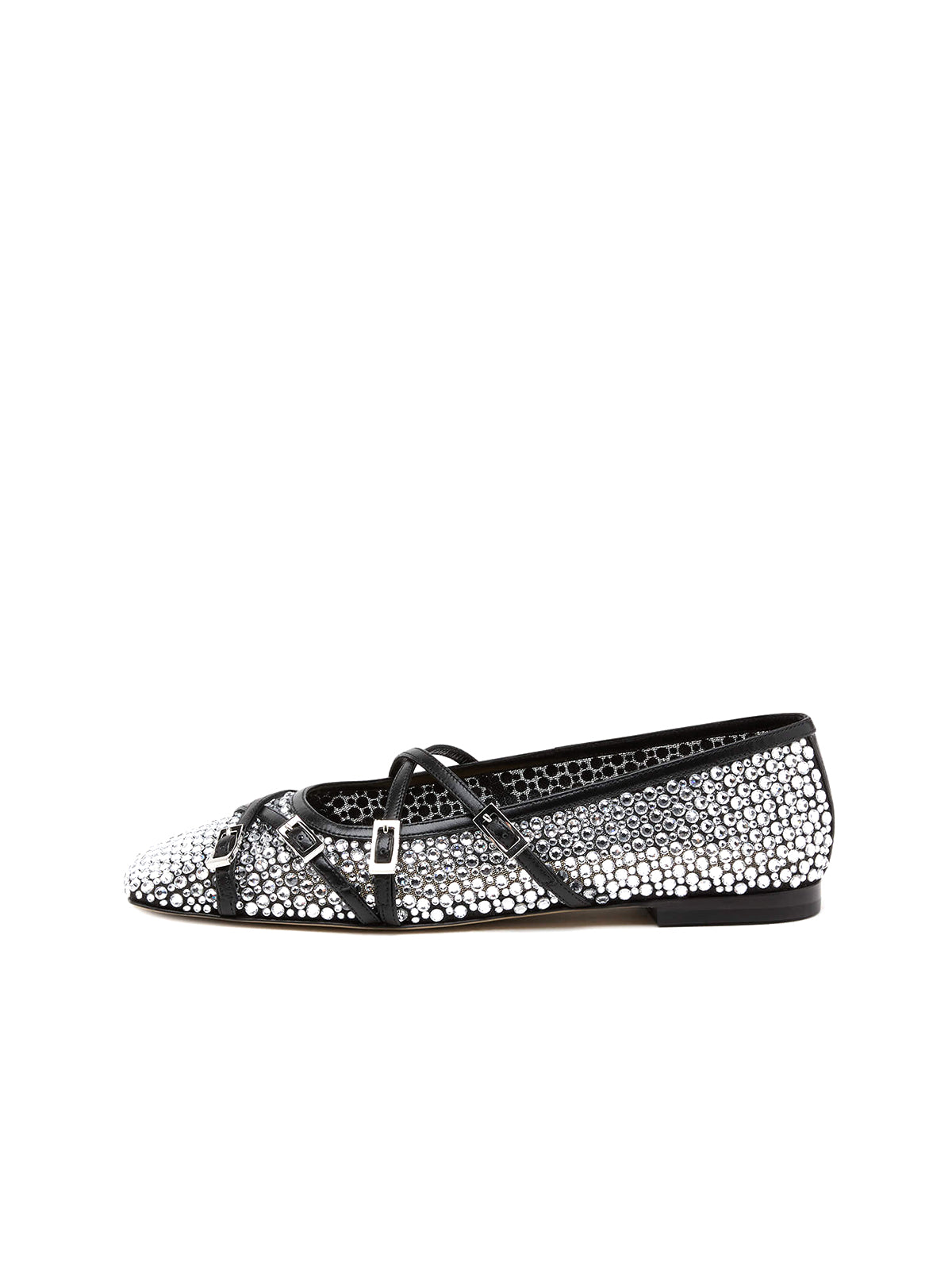 Black Rhinestone Mesh Square-Toe Strappy Ballet Flats
