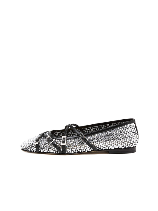 Black Rhinestone Mesh Square-Toe Strappy Ballet Flats