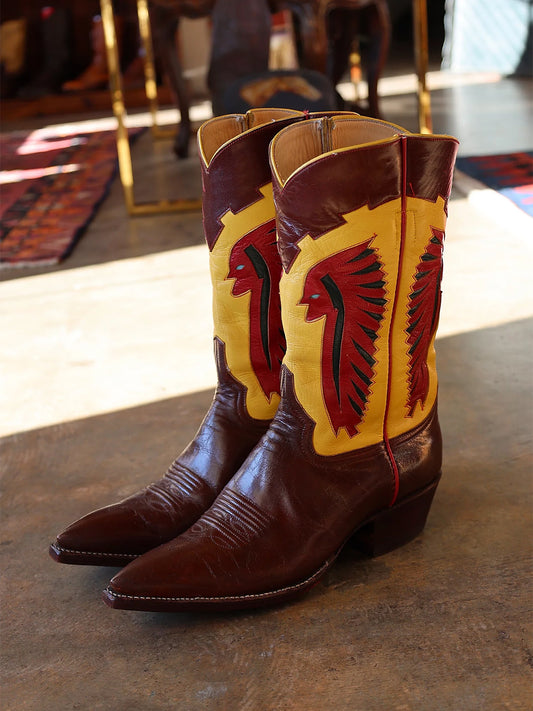 Contrast Yellow And Burgundy Almond-Toe Broken Arrow Inlay Mid Calf Cowgirl Boots