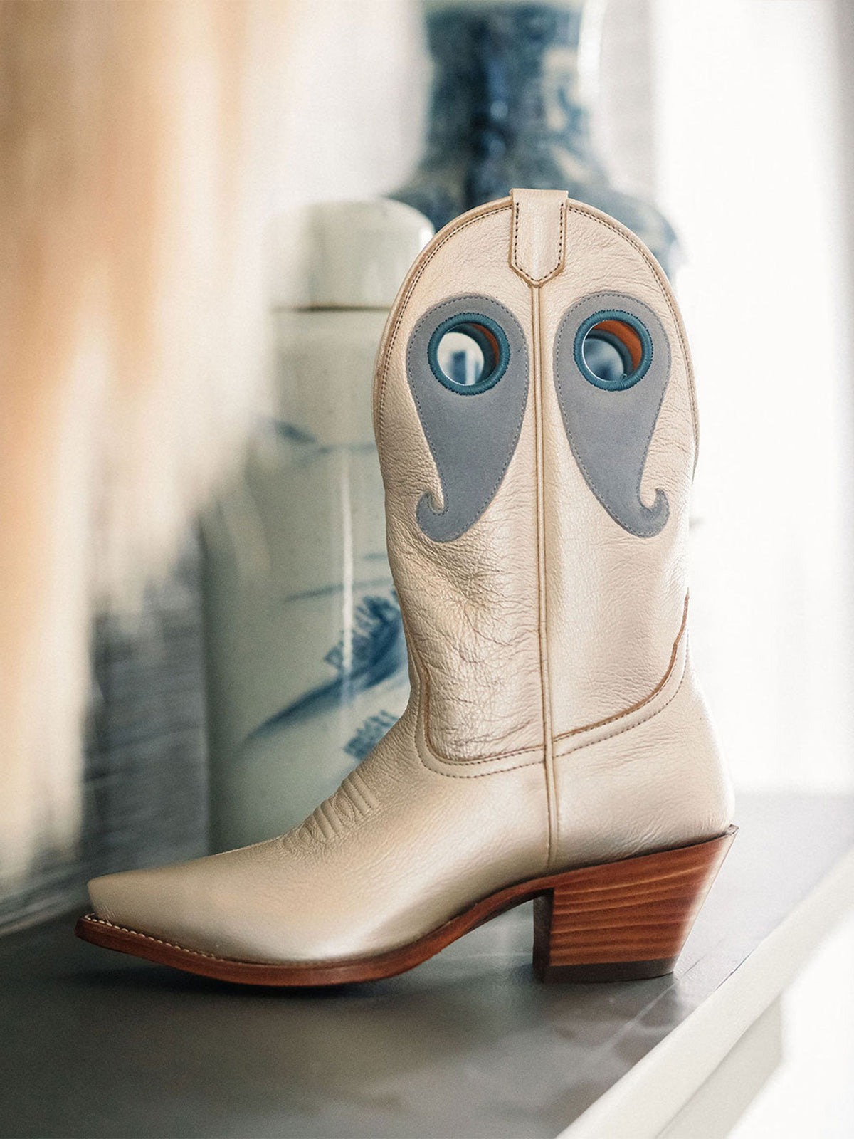 Contrast Metallic Gold And Blue Paisley Cutout Snip-Toe Mid Calf Cowgirl Boots