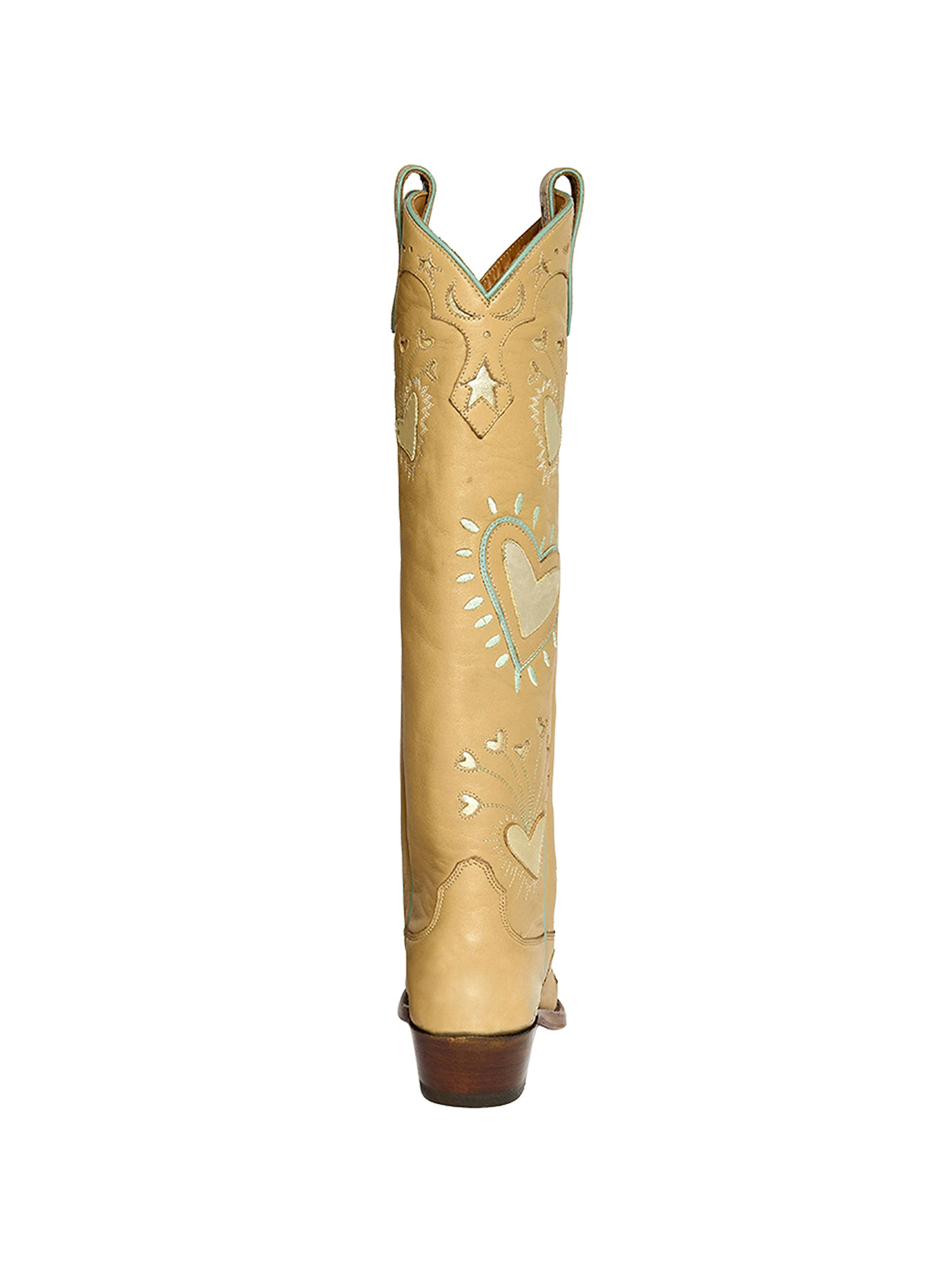 Neutral Snip-Toe Metallic Heart Applique And Inlay Wide Calf Knee High Cowgirl Boots