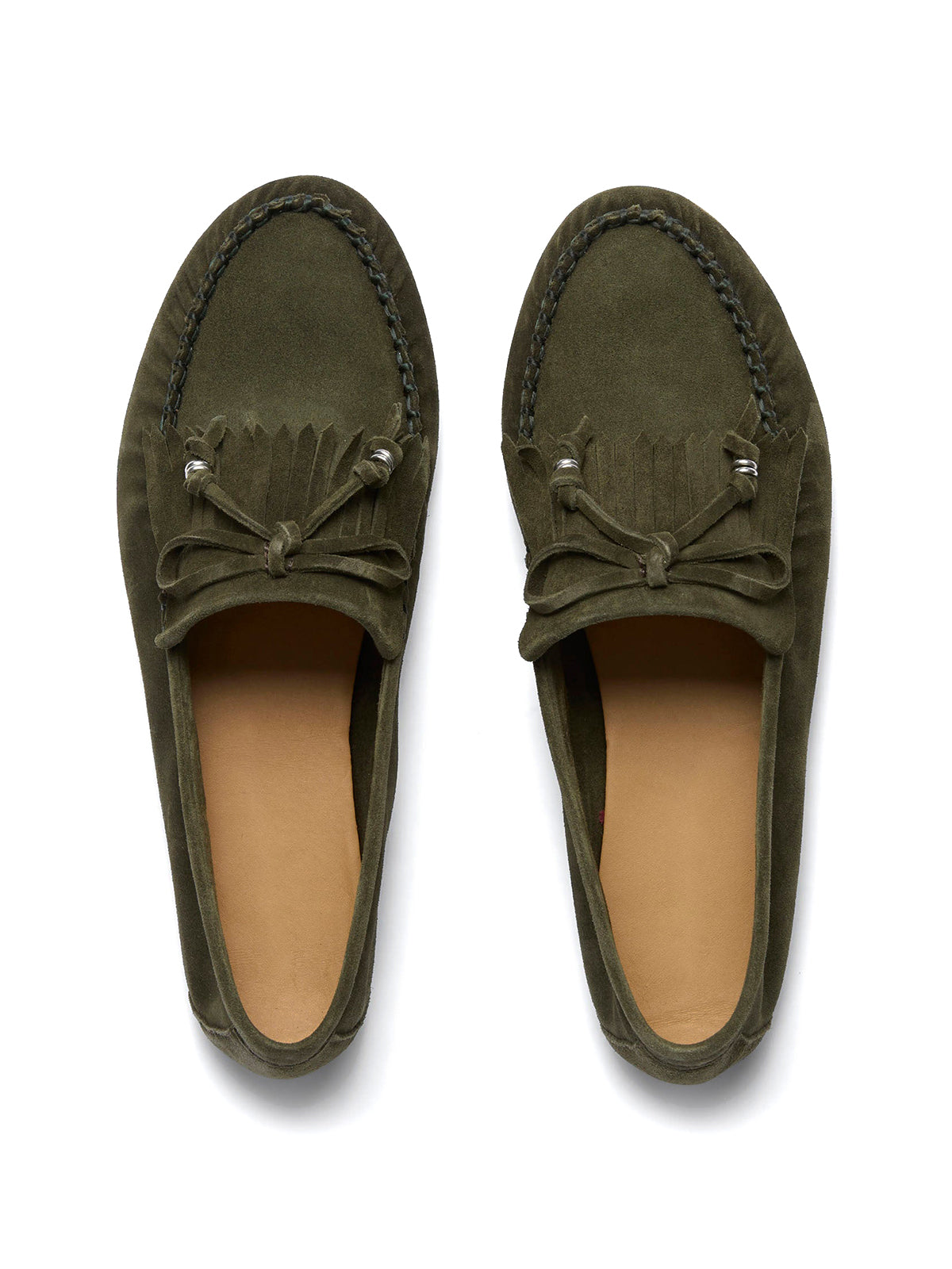 Coffee Cow Suede Round-Toe Front Fringe And Bow Loafers Flats