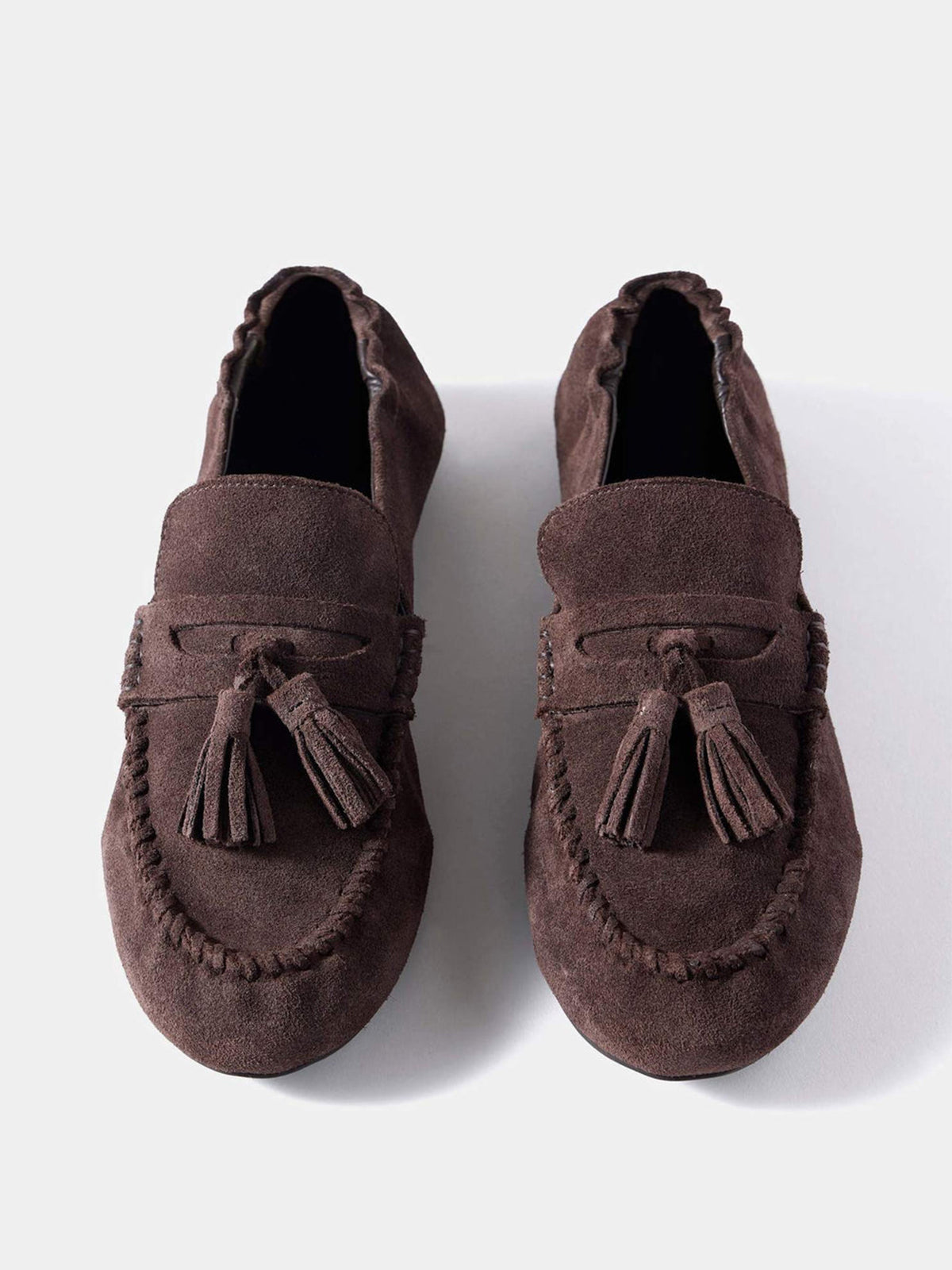 Brown Cow Suede Round-Toe Front Fringe Chic Loafers Slip-On Flats