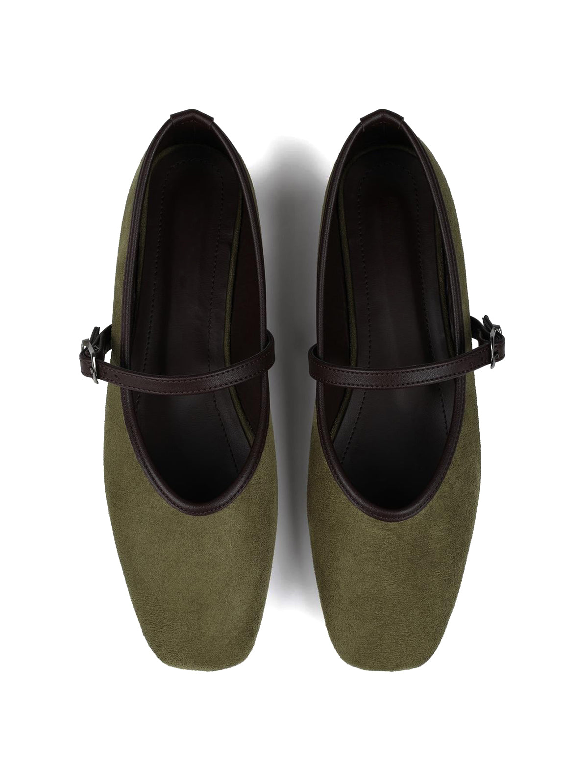 Olive Green Faux Suede Square-Toe Buckle Bridge Strap Classic Ballet Flats
