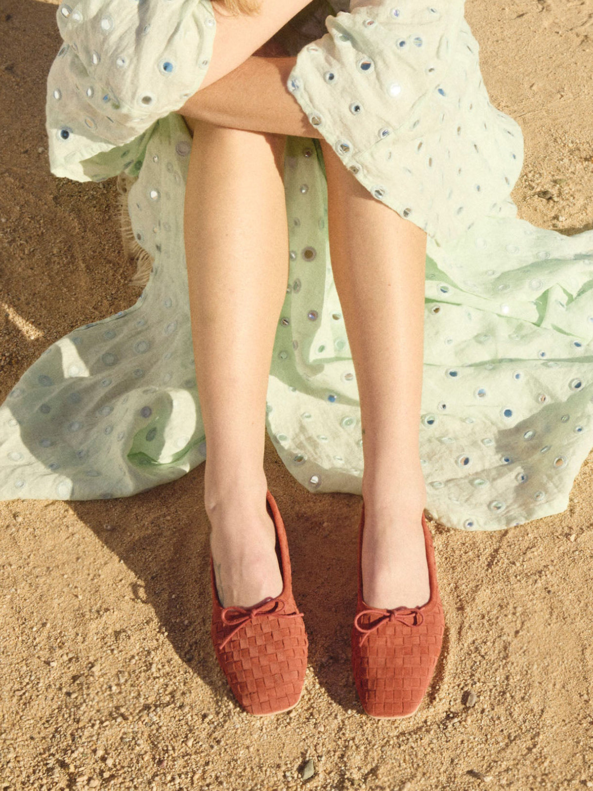 Redwood Woven Faux Suede Square-Toe Front Bow Ballet Flats