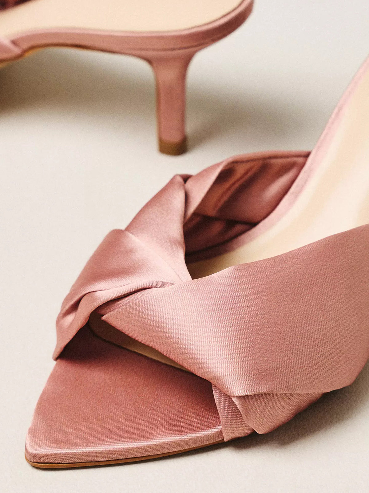 Satin Open Pointed-Toe Front Strap Backless Mules High Heels - Neutral