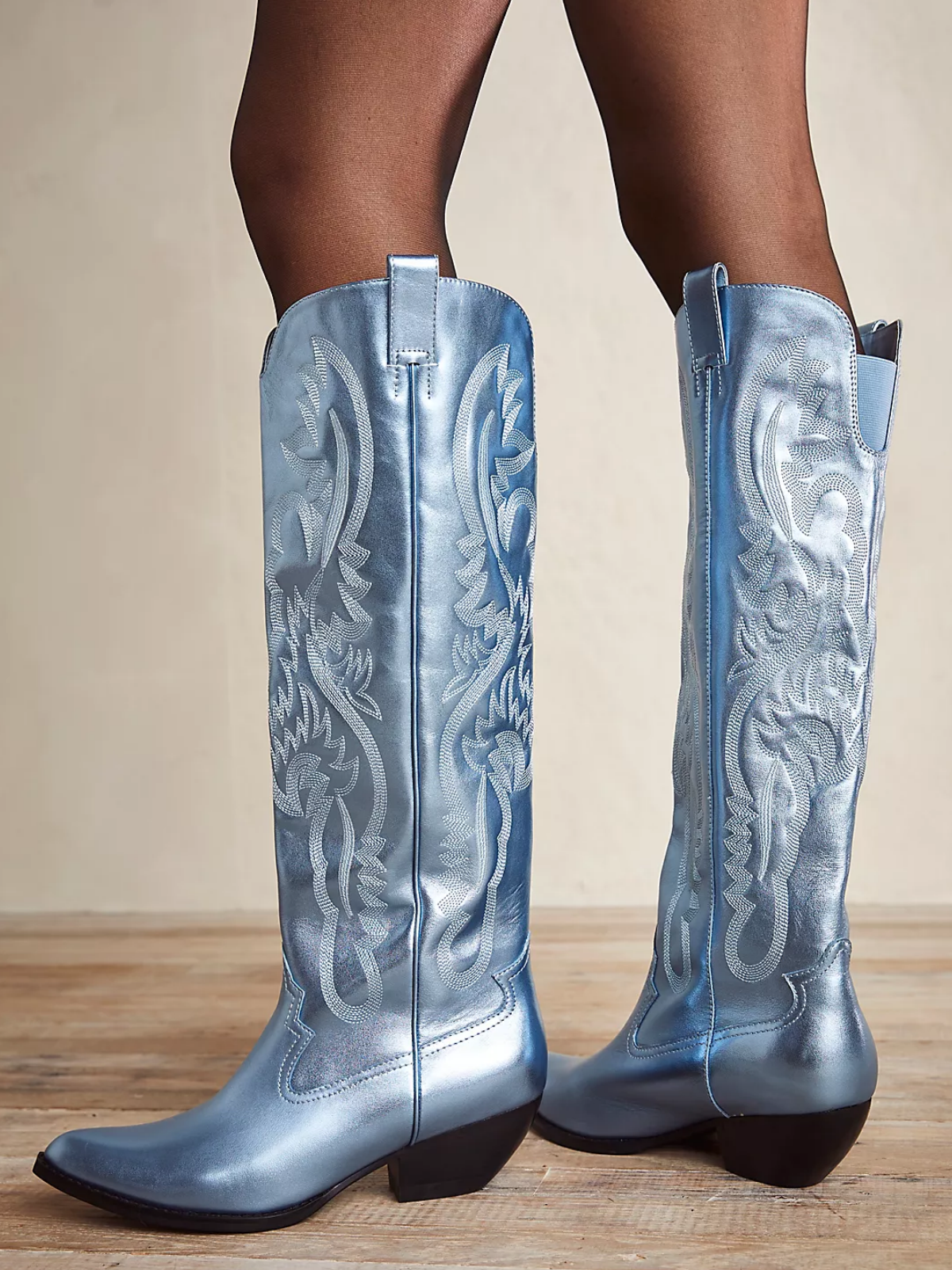 Boota 313 Metallic Blue Embroidery Tall Wide Mid Calf Western Boots For Women ...