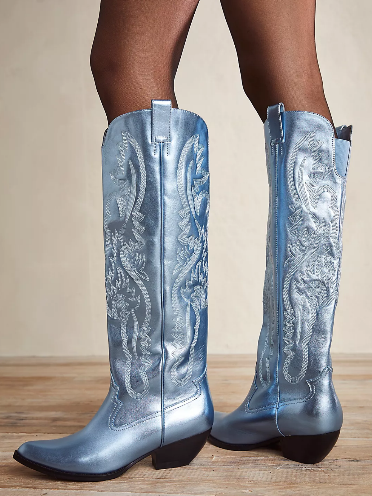 Metallic Blue Embroidery Pointed-Toe Tall Wide Mid Calf Western Boots For Women