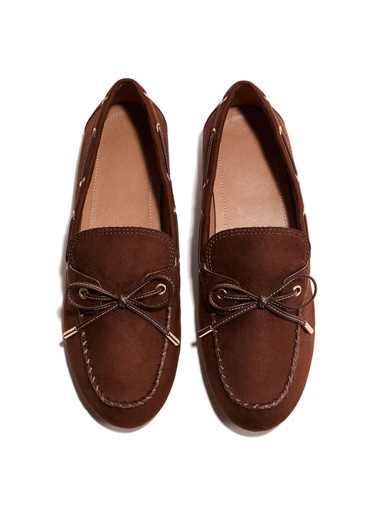 Coffee Faux Suede Round-Toe Front Chic Bow Slip-On Flats