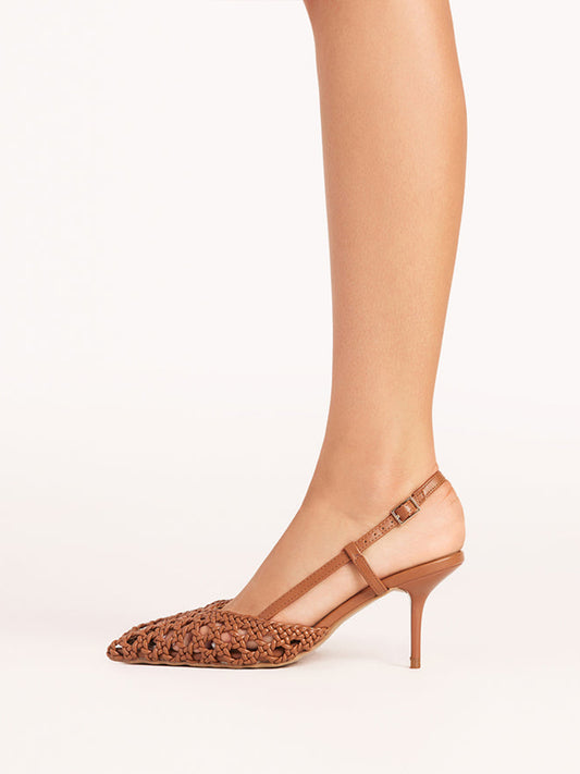 Caramel Vegan Leather Woven Pointed-Toe Slingback Kitten Heels