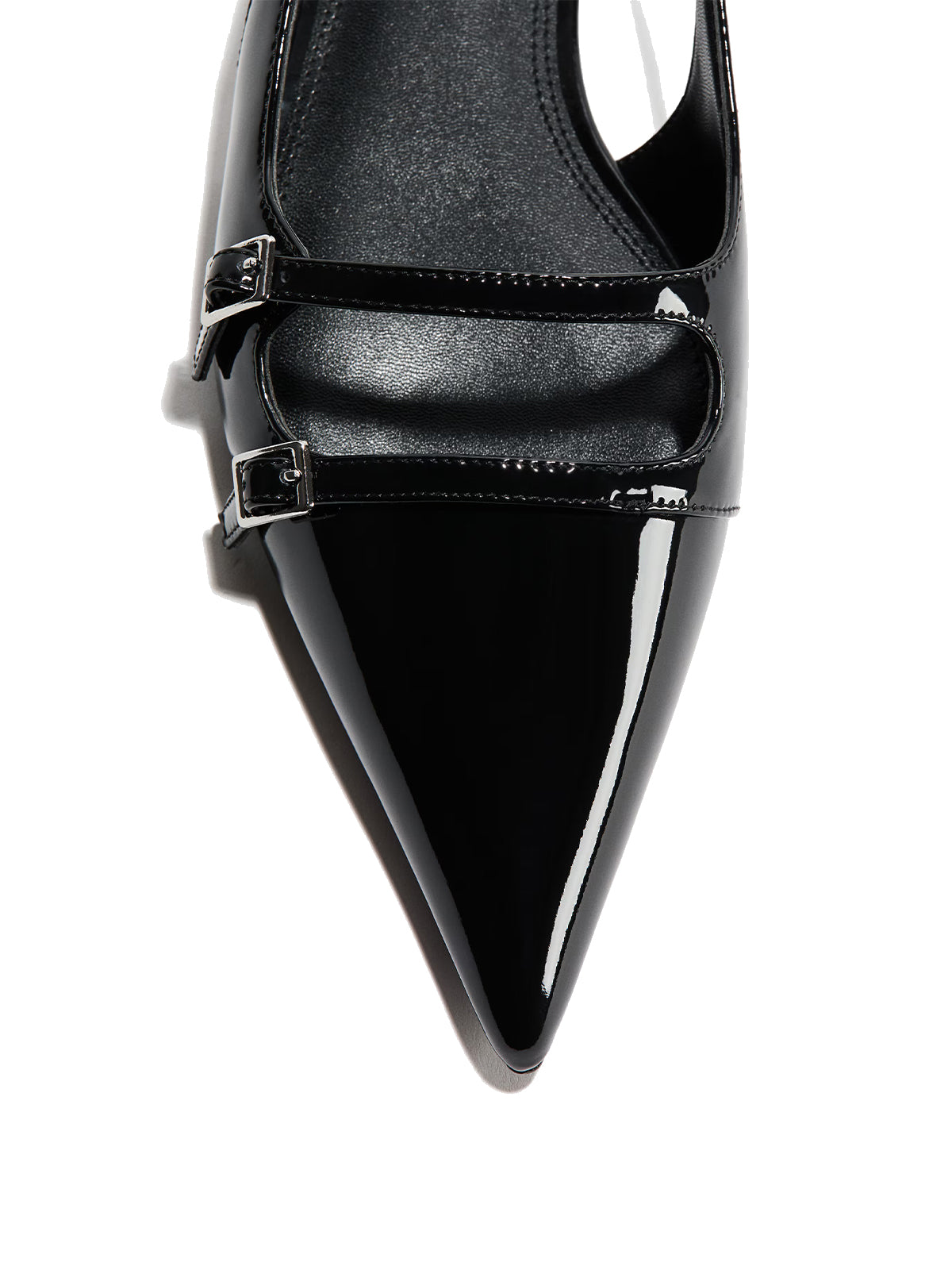 Patent Black Pointed-Toe Front Double Strap And Slingback Flats
