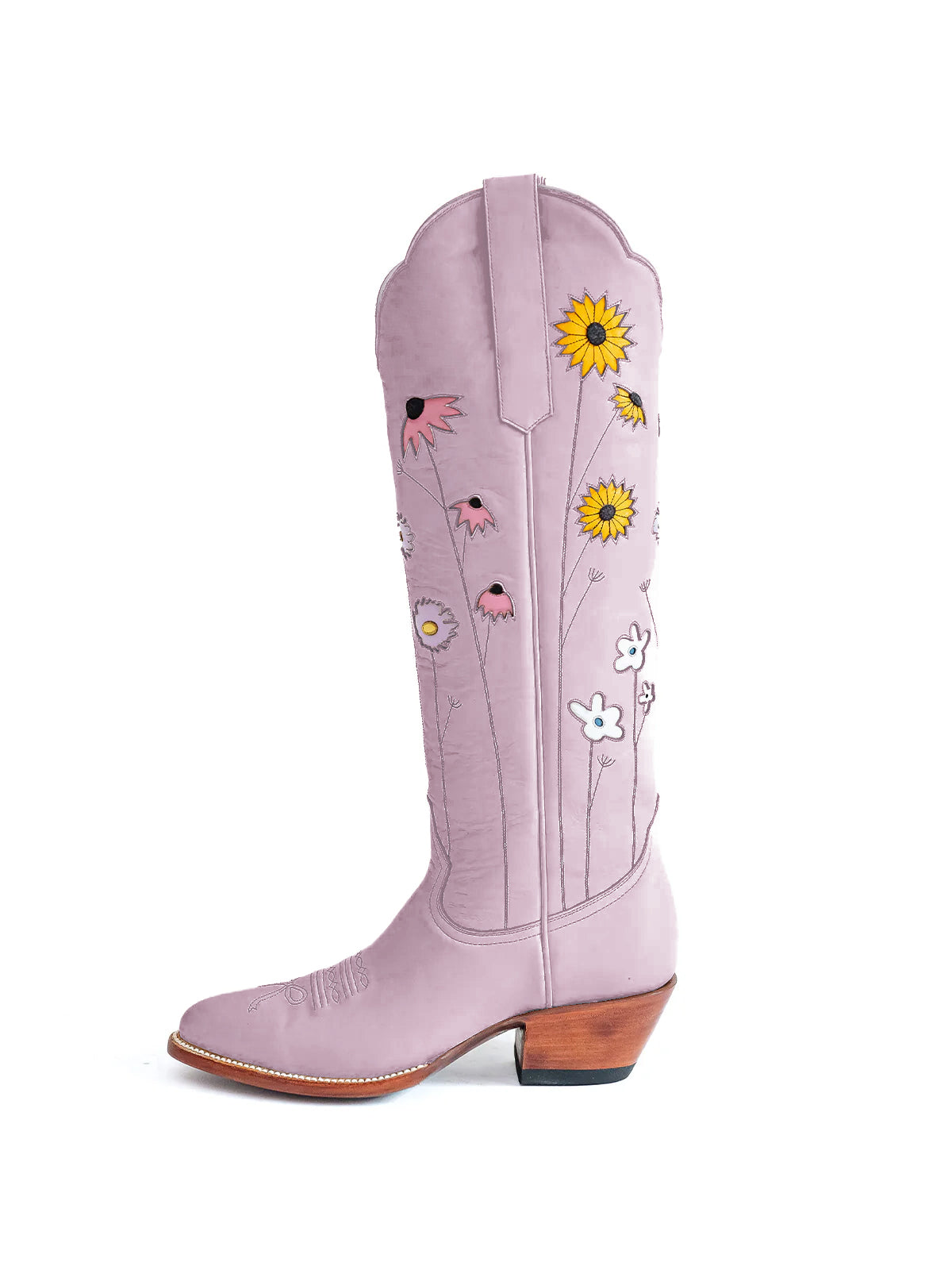 Light Purple Almond-Toe Colorful Flowers Inlay Wide Calf Knee High Cowgirl Boots