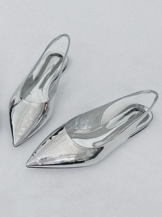 Metallic Silver Pointed-Toe Slingback Flats For Women