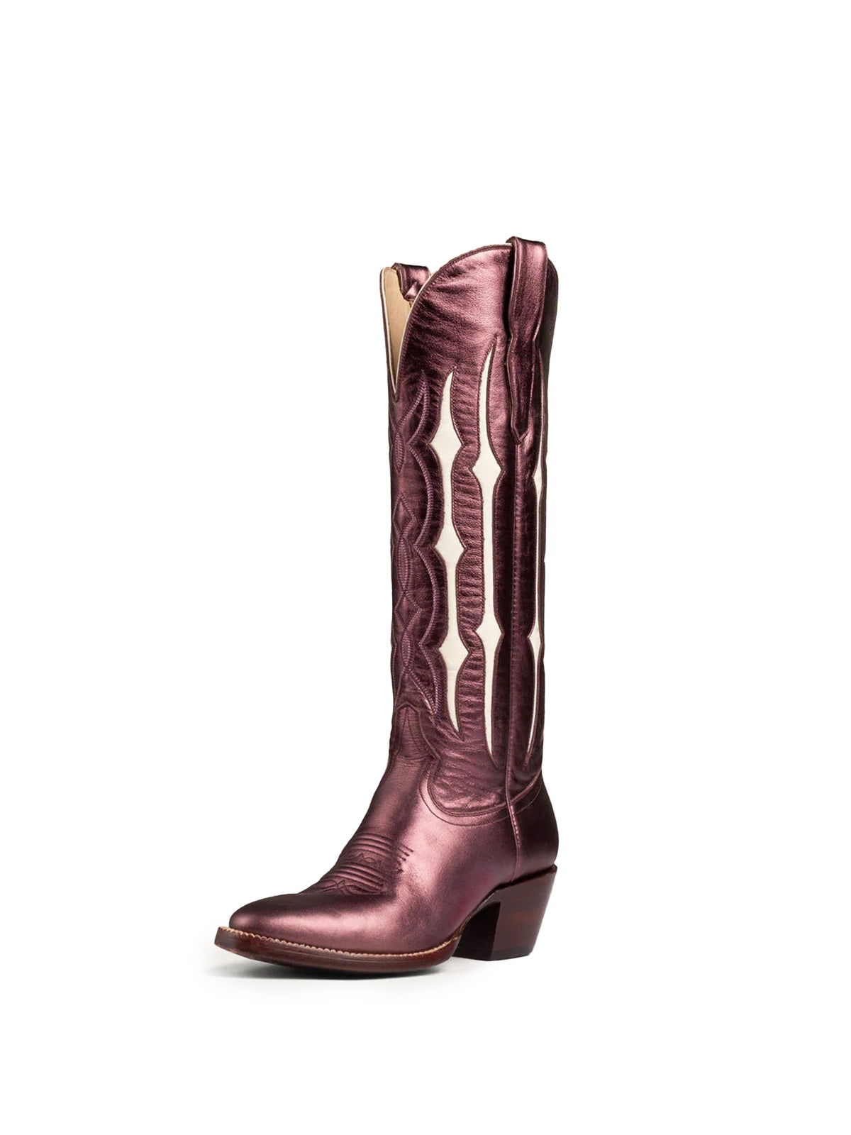 Metallic Wine Red Contrast Bone Inlay Stitch Almond-Toe Wide Knee High Western Cowgirl Boots