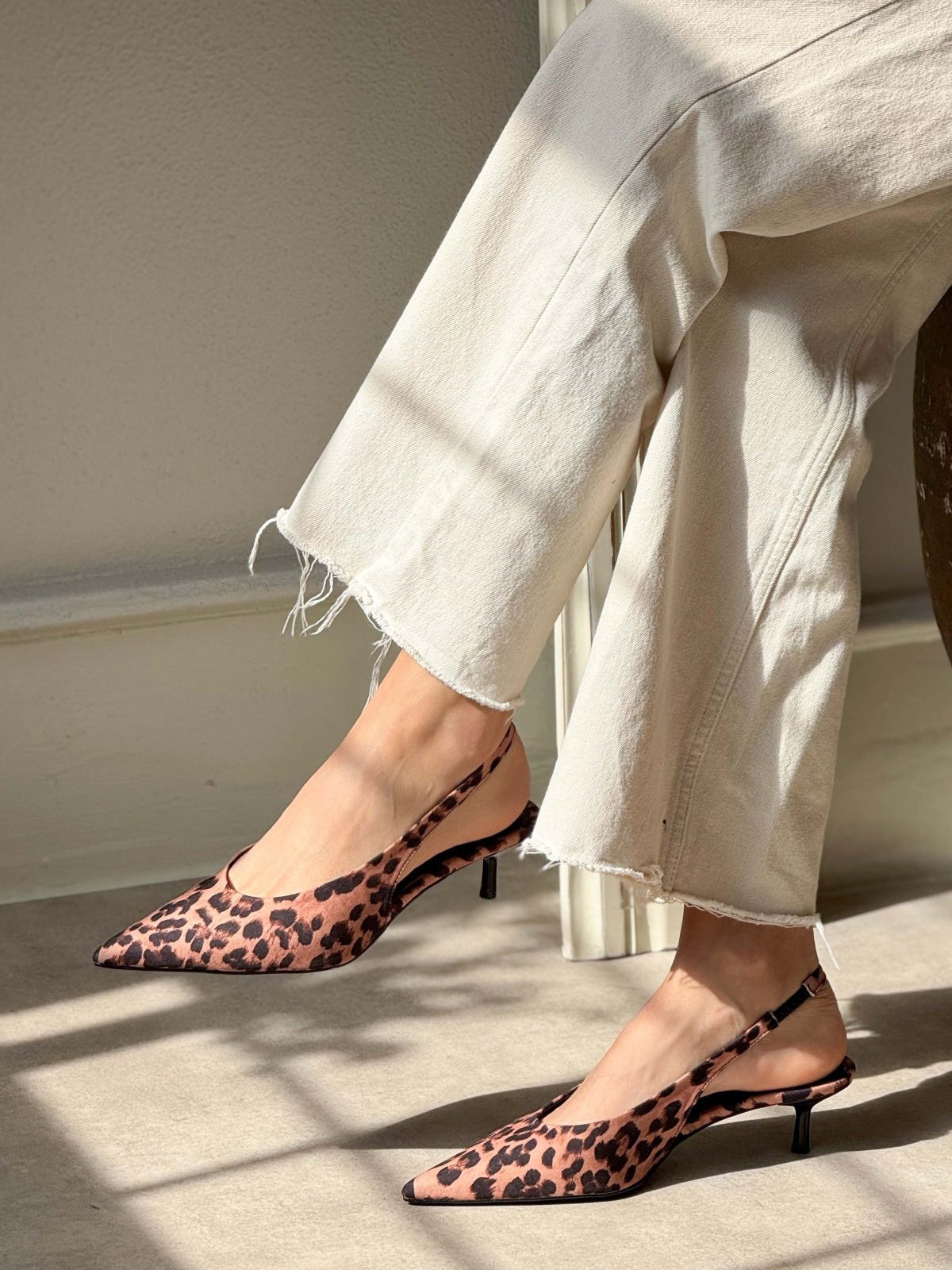Slingback Pointed-Toe Kitten Heels - Leopard Satin
