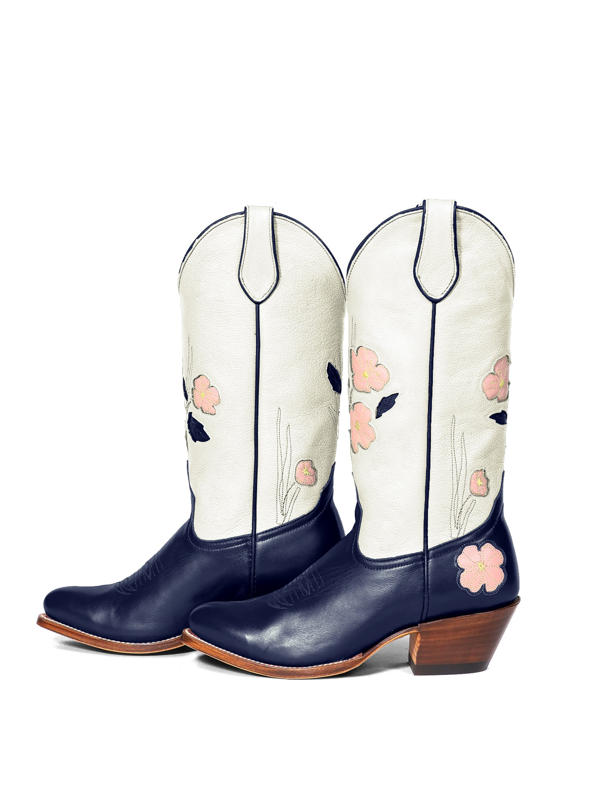 Contrast White And Dark Blue Almond-Toe Fresh Flower Inlay Mid Calf Cowgirl Boots