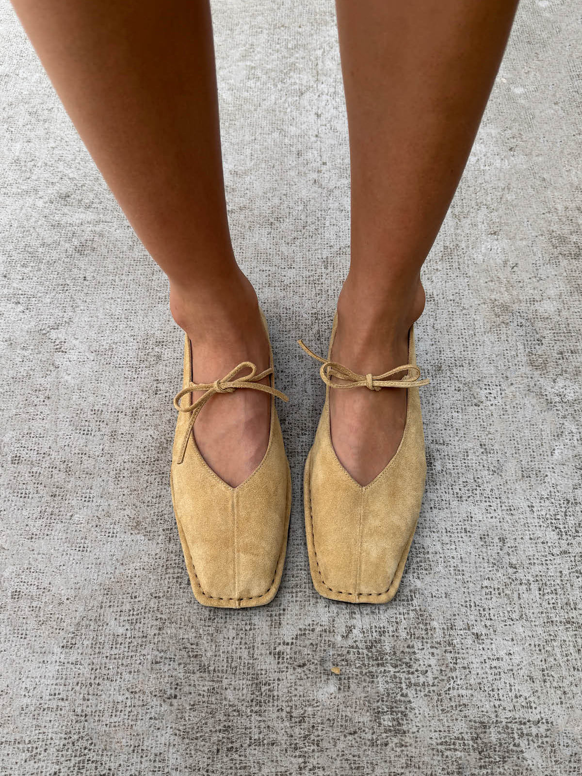 Sand Faux Suede Square-Toe Middle Strap Simple Chic Ballet Flats