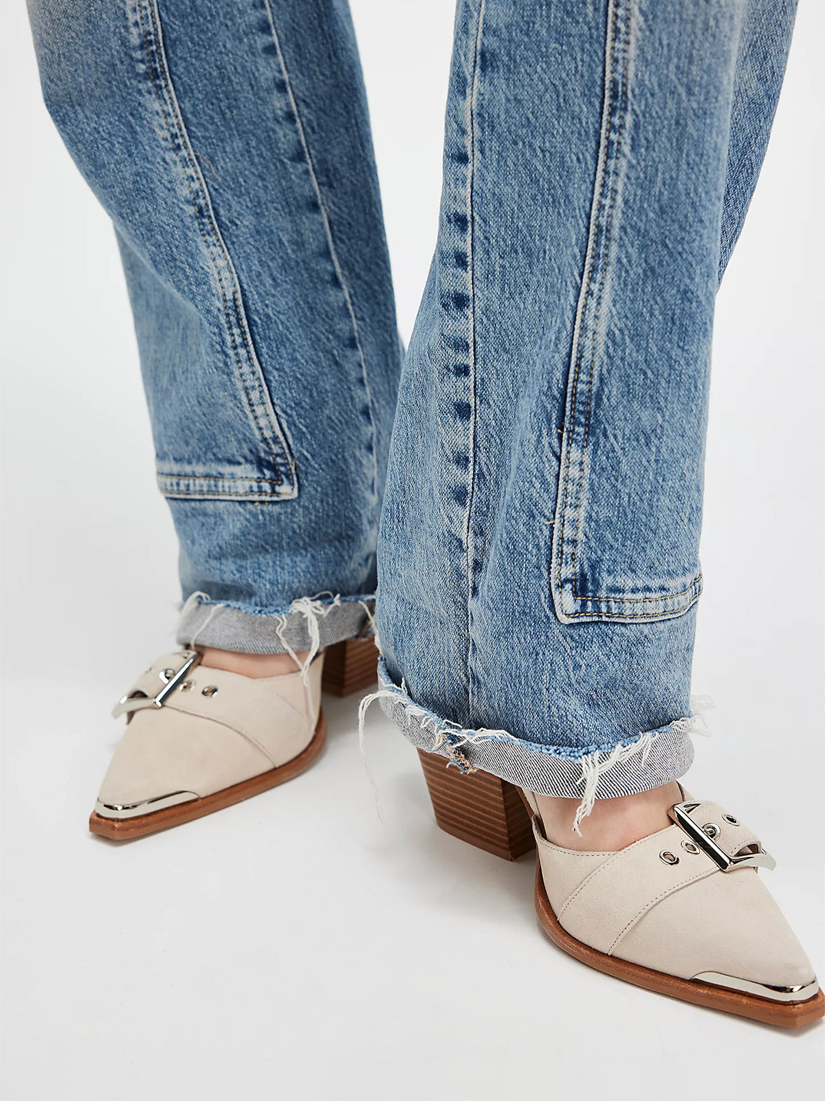 Pointed-Toe Three Buckled Straps Back Zip Chunky High Heels - Ivory