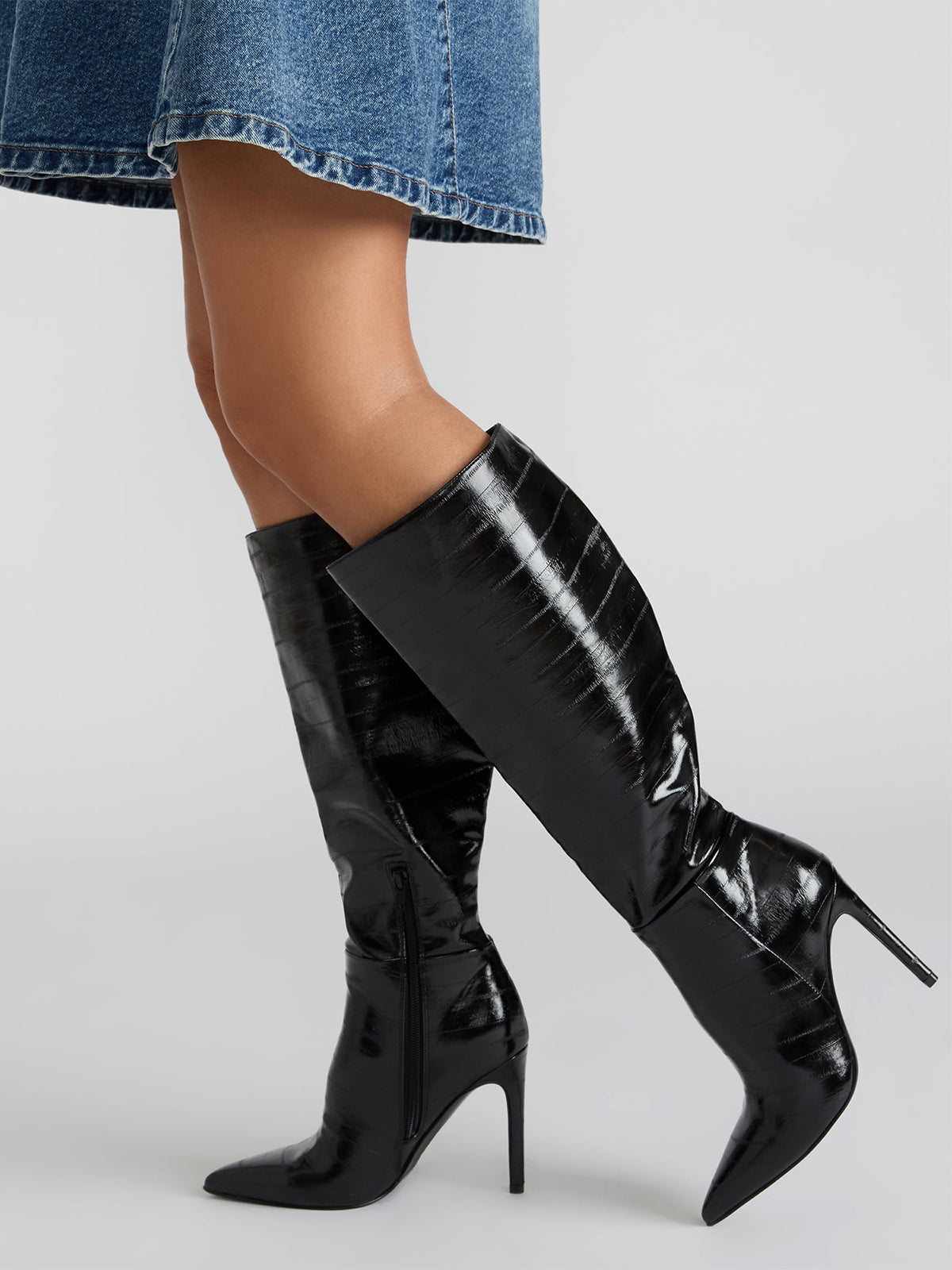 Black Eel Pattern Pointed-Toe Half-Zip Knee High Stiletto Boots