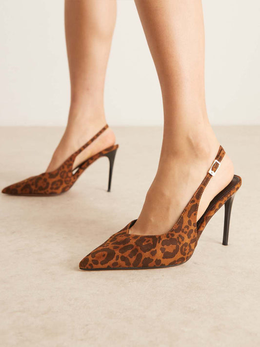 Leopard Faux Suede Pointed-Toe Classic Buckle Slingback High Heels
