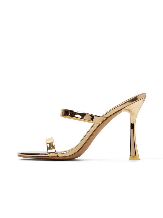 Metallic Gold Open Square-Toe Double Straps High Heels